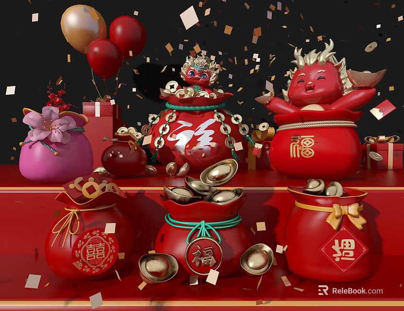 Red Festive Decorations Featuring Fortune Characters Money Bags Gold Ingots And Balloons 3d model 