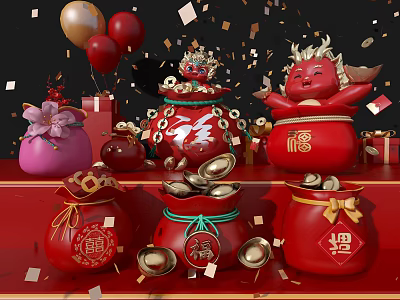 Red Festive Decorations Featuring Fortune Characters Money Bags Gold Ingots And Balloons 3d model