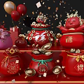 Red Festive Decorations Featuring Fortune Characters Money Bags Gold Ingots And Balloons