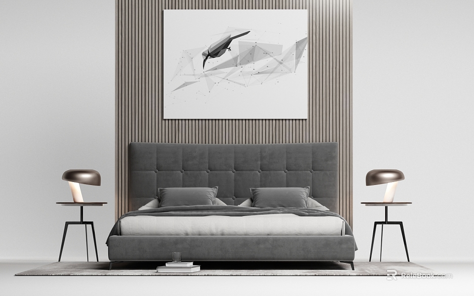 Modern Double Bed in Background With Gray Headboard Nightstands Table Lamps and Striped Wall Art 3d model 