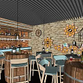 Modern Bar Interior Design With Wooden Bar Counter Stools Sunflower Decorative Wall And Hanging Lights