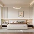Modern Light Colored Bedroom Interior With Bedside Tables Pendant Light And Flower Painting