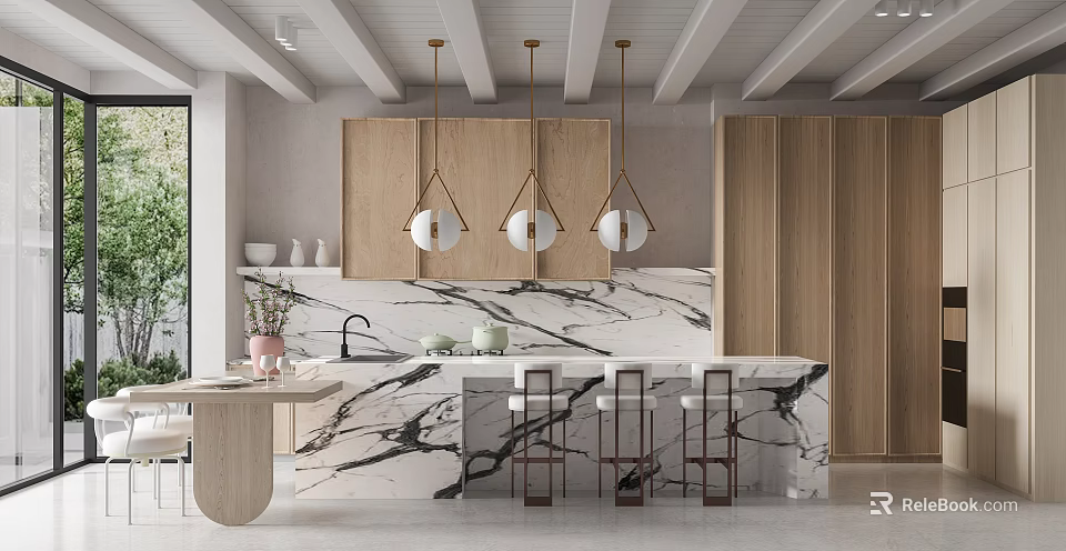 Minimalist Modern Kitchen Interior With Marble Island Wooden Cabinets And Pendant Lights 3d model 