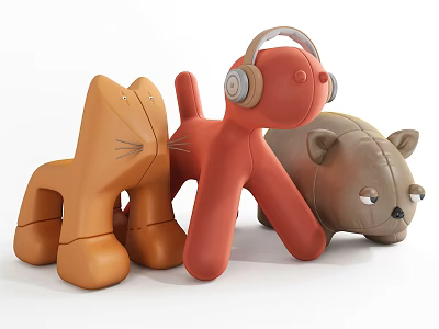 Stuffed Toys Featuring Orange Cat Red Dog With Headphones And Gray Bear On White Background 3d model