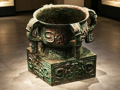 Ancient Bronze Sculpture Carving with Intricate Patterns Animal Head Handles Square Base Museum 3d model