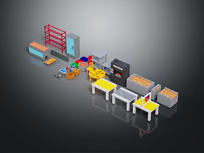 Various Furniture Pieces Including Red Shelves Yellow Tables Gray Cabinets And Storage Boxes 3d model