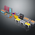 Various Furniture Pieces Including Red Shelves Yellow Tables Gray Cabinets And Storage Boxes