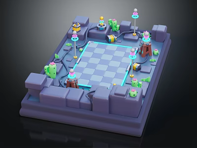 Cartoon 3D Scene With Checkerboard Layout Purple Blocks Green Cacti And Colorful Towers 3d model