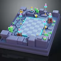 Cartoon 3D Scene With Checkerboard Layout Purple Blocks Green Cacti And Colorful Towers