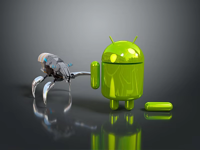 Green Android Robot Standing With Metallic Mechanical Spider Creature On Shiny Surface 3d model