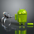 Green Android Robot Standing With Metallic Mechanical Spider Creature On Shiny Surface 3d model