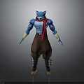 Blue Anthropomorphic Creature Character With Red Scarf Brown Pants Yellow Wristbands And Boots