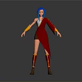 Woman With Blue Hair In Red Outfit And Yellow Sleeves Wearing Brown Boots