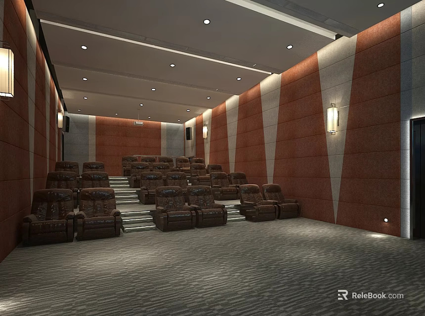 Modern Cinema Interior With Brown Leather Seats Staircase Orange White Walls And Recessed Lights 3d model 