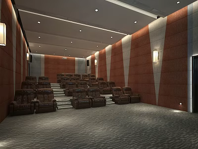 Modern Cinema Interior With Brown Leather Seats Staircase Orange White Walls And Recessed Lights 3d model
