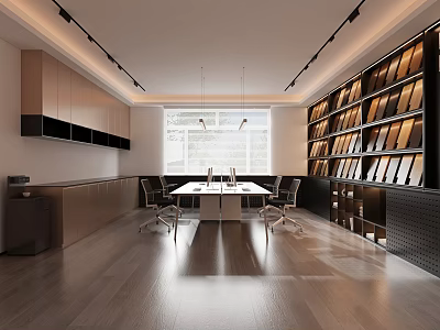 Modern Office Interior With Wooden Desk Ergonomic Chairs Large Window And Floor To Ceiling Bookshelves 3d model