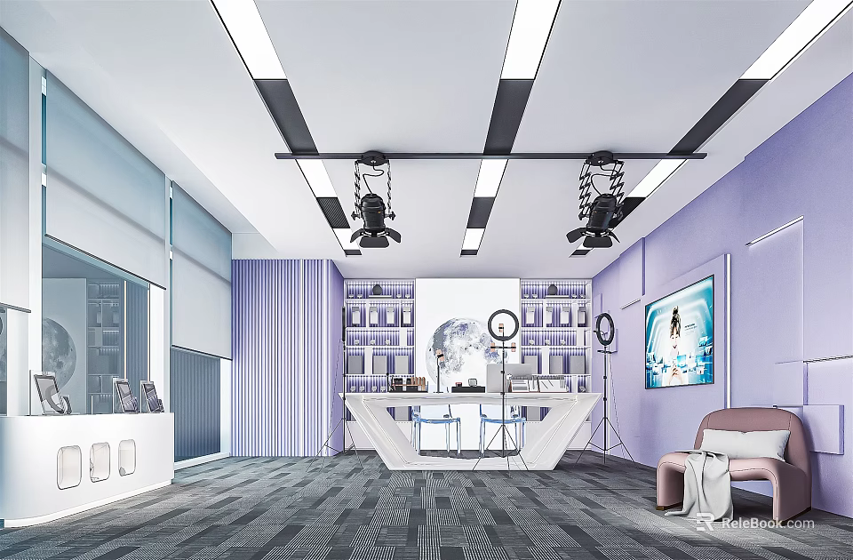 Modern Public Office Space Interior With Open Workstations Bookshelves And Lounge Sofa 3d model