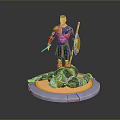 Standing Man In Blue And Gold Armor With Sword Shield Fallen Armor On Round Base