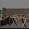 Elegant Garden Decor with Bamboo Fence Wooden Crates Table String Lights and Green Plant