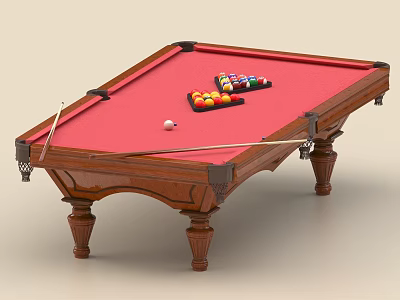 Billiard Table With Wooden Frame Red Felt Surface And Billiard Balls Cues 3d model
