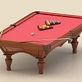 Billiard Table With Wooden Frame Red Felt Surface And Billiard Balls Cues