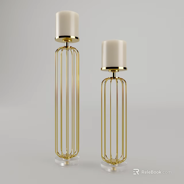 Modern Decorative Candle Lamps With Tall Golden Metal Frame And White Candle 3d model 