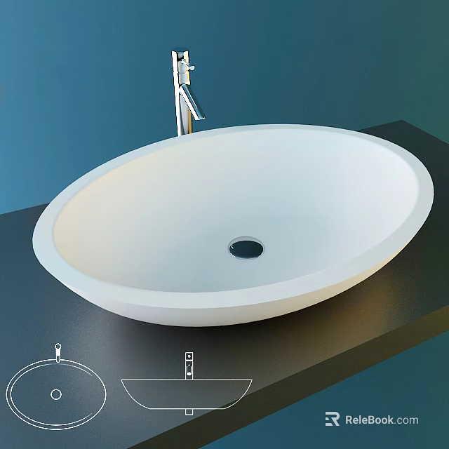 Sleek White Oval Countertop Washbasin With Modern Faucet On Dark Surface 3d model 