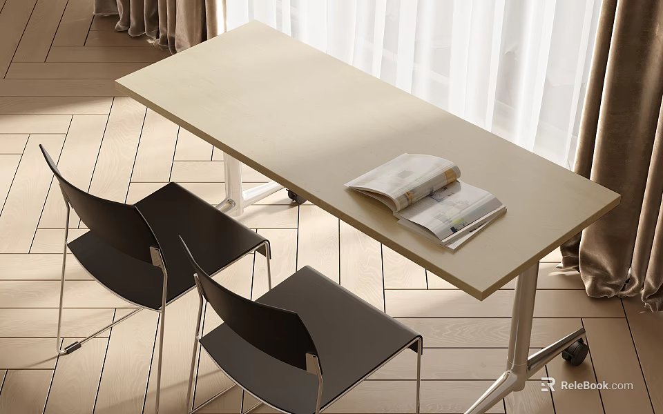 Light Beige Desk With Open Magazine And Black Chairs Near White Curtains On Wooden Floor 3d model 