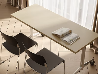 Light Beige Desk With Open Magazine And Black Chairs Near White Curtains On Wooden Floor 3d model