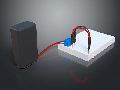 Black Power Supply Connected To White Circuit Board With Blue Component And Red Black Wires 3d model