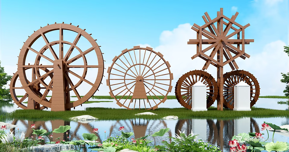 Rustic Garden Ornament Featuring Multiple Wooden Waterwheels Pond And Lush Aquatic Plants 3d model 