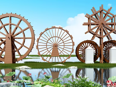 Rustic Garden Ornament Featuring Multiple Wooden Waterwheels Pond And Lush Aquatic Plants 3d model