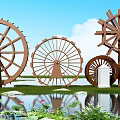Rustic Garden Ornament Featuring Multiple Wooden Waterwheels Pond And Lush Aquatic Plants