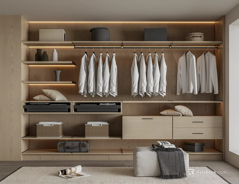 Modern Wooden Closet Design With Hanging Shirts Storage Boxes And Drawers 3d model 