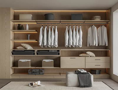 Modern Wooden Closet Design With Hanging Shirts Storage Boxes And Drawers 3d model