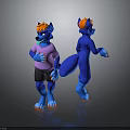 3D Blue Anthropomorphic Character Front Back Views Orange Hair Pink T Shirt Black Shorts