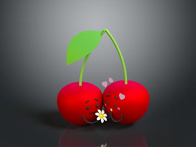 Cute Red Cherries With Green Leaves Cartoon Faces Heart Eyes And Small Flower Mustache 3d model