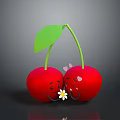 Cute Red Cherries With Green Leaves Cartoon Faces Heart Eyes And Small Flower Mustache
