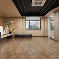 Modern Lobby Interior With Wooden Flooring Walls Circular Decor Green Plant And Bench