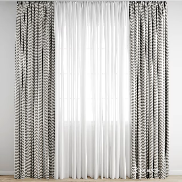 Modern Double Layer Curtains With Gray Striped Outer And White Sheer Inner For Window 3d model 
