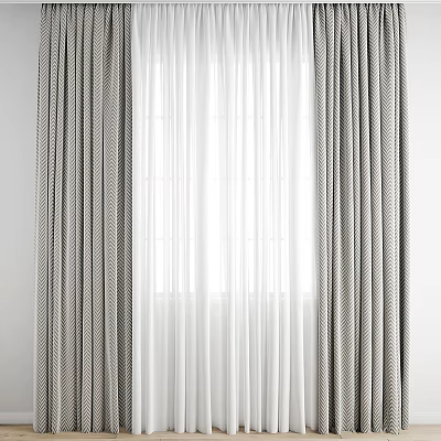 Modern Double Layer Curtains With Gray Striped Outer And White Sheer Inner For Window 3d model