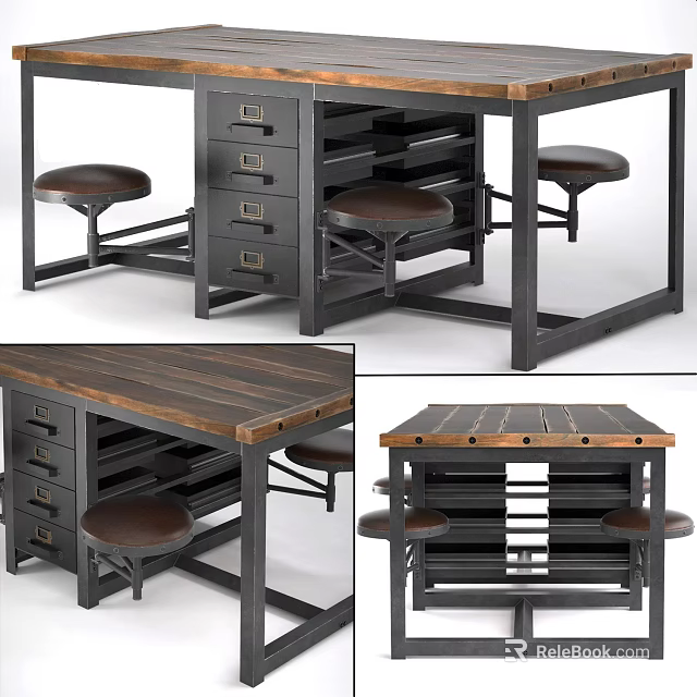 Industrial Style Office Desk With Wooden Top Metal Frame Storage Drawers And Stools 3d model 