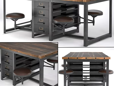 Industrial Style Office Desk With Wooden Top Metal Frame Storage Drawers And Stools 3d model