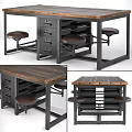 Industrial Style Office Desk With Wooden Top Metal Frame Storage Drawers And Stools