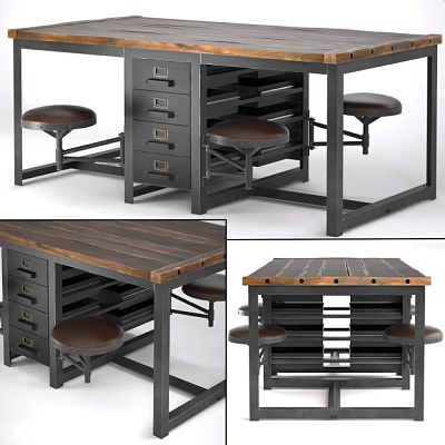 Industrial Style Office Desk With Wooden Top Metal Frame Storage Drawers And Stools 3d model