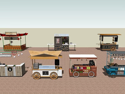 Street Vending Mobile Food Carts With Awnings Wheels And Colorful Designs 3d model