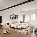 Cozy Bedroom Interior With Double Bed Decorative Paintings Round Mirror And Wooden Floor