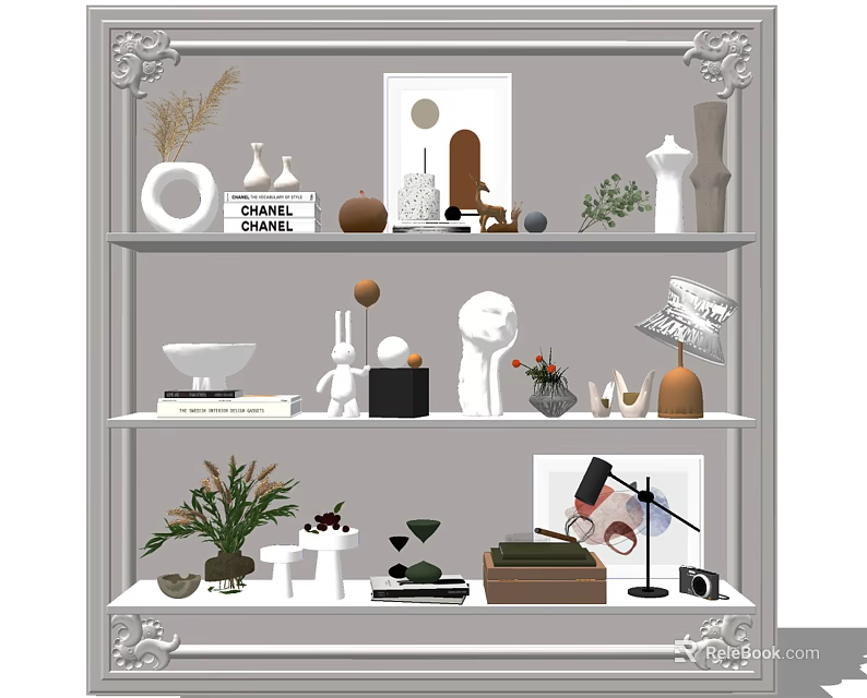 Elegant Decorative Ornament Set With Vases Figurines Plants And Books For Shelf 3d model 