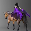 Woman Riding a Brown Horse in a Flowing Purple Dress with Long Black Hair