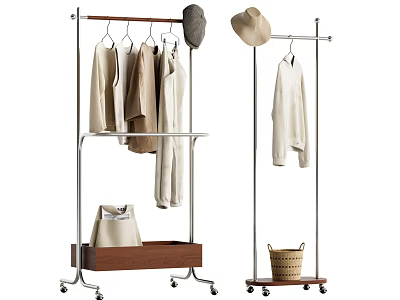 Modern Metal Clothes Rack with Wheels Wooden Tray Wicker Basket and Hanging Clothes Hats 3d model